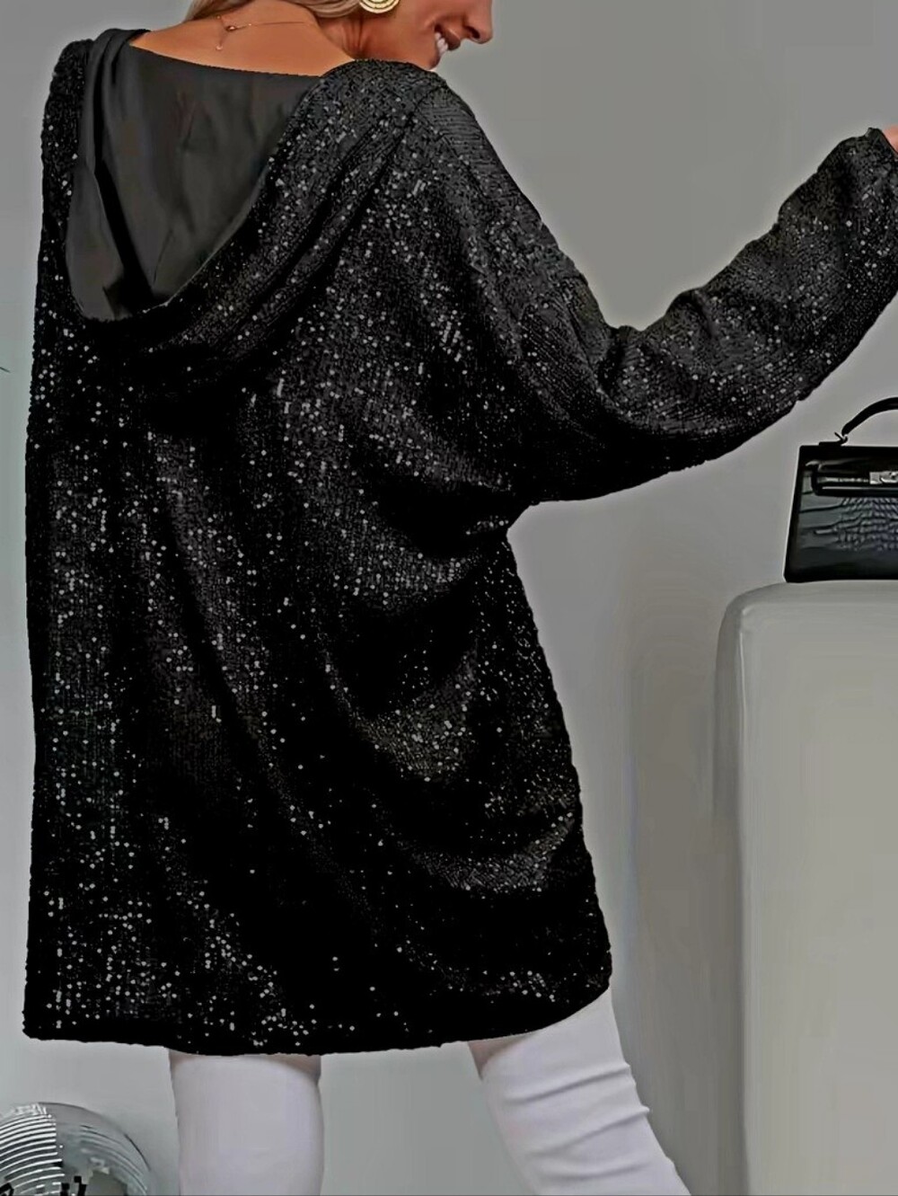 Beautiful Black Sequin Sparkly V-Neck Hoodie Tunic Top